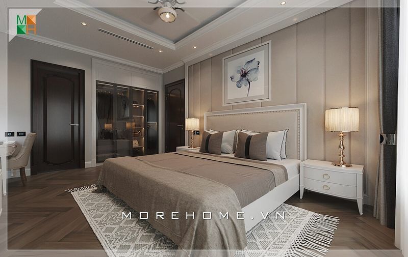 Thiết kế giường ngủ hiện đại, đầu giường bọc da ấn tượng tạo điểm nhấn sang trọng cho cả không gian phòng ngủ chung cư cao cấp